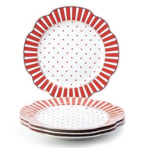 4 Grace Teaware Josephine  Red  Dots & Stripes Gold Trim Salad Plates 9 1/8"